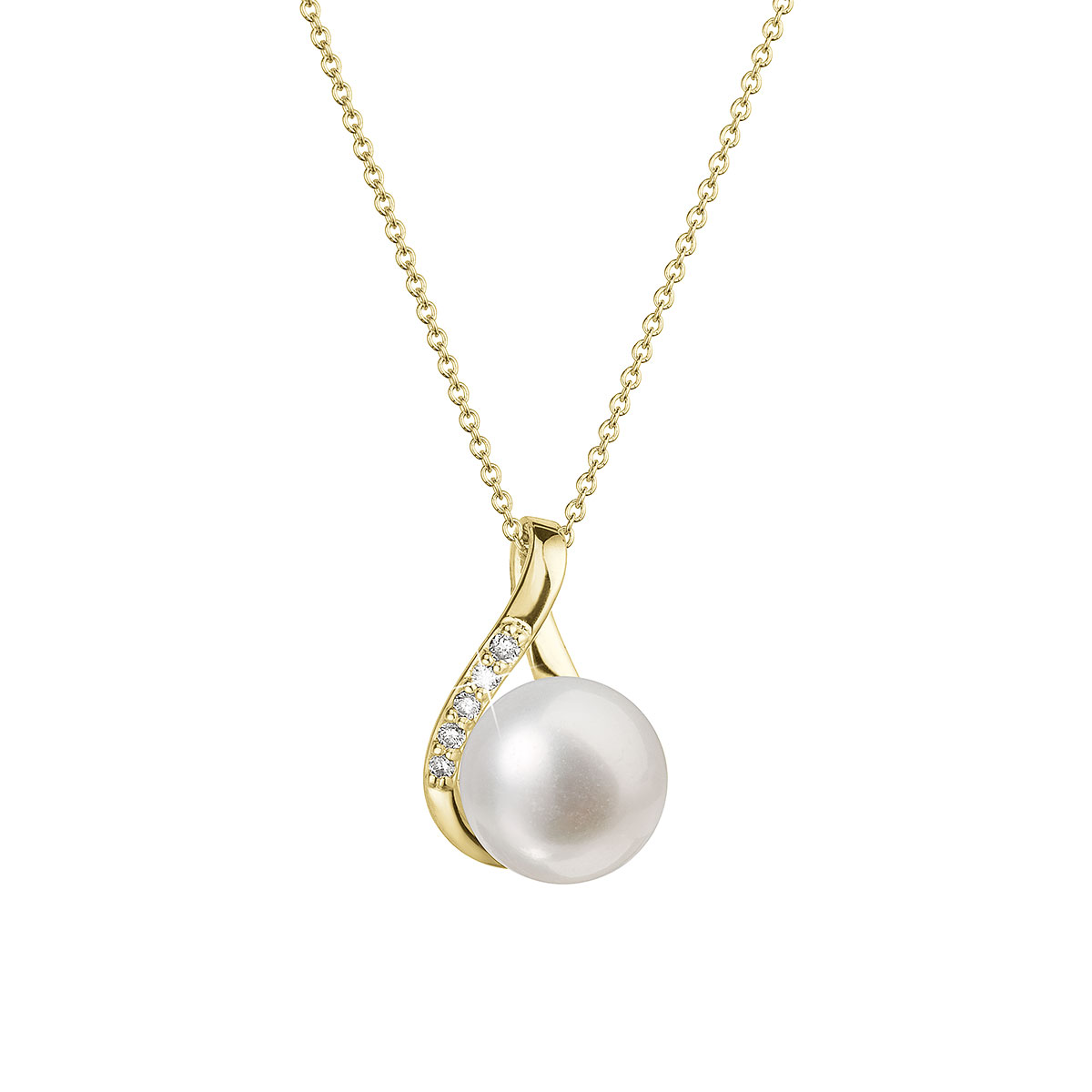 Evolution Group Zlatý 14 karátový náhrdelník slza s bílou říční perlou a brilianty 92PB00029