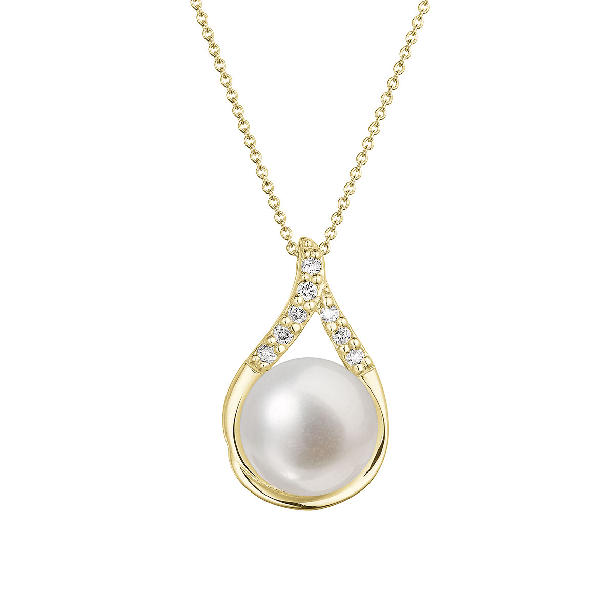 Evolution Group Zlatý 14 karátový náhrdelník slza s bílou říční perlou a brilianty 92PB00032