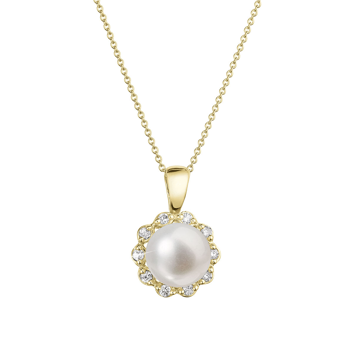 Evolution Group Zlatý 14 karátový náhrdelník kytička s bílou říční perlou a brilianty 92PB00036