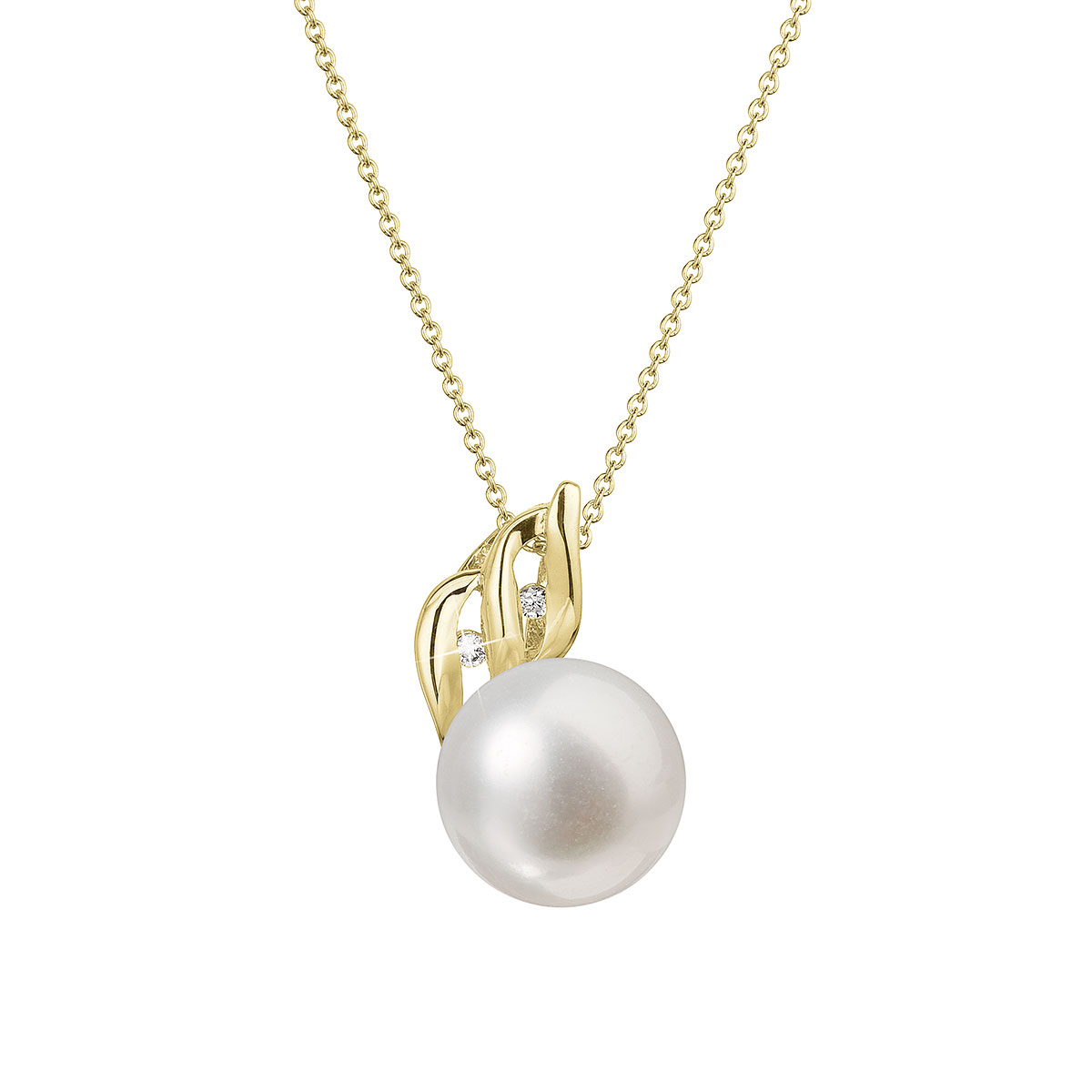 Evolution Group Zlatý 14 karátový náhrdelník s bílou říční perlou a brilianty 92PB00038
