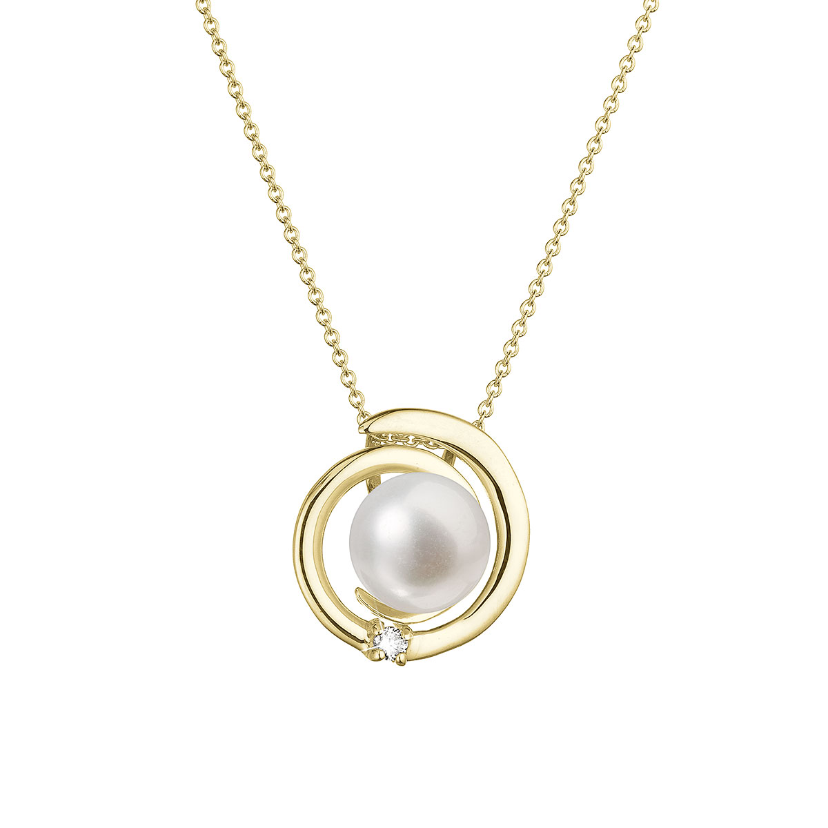 Evolution Group Zlatý 14 karátový náhrdelník s bílou říční perlou a briliantem 92PB00046