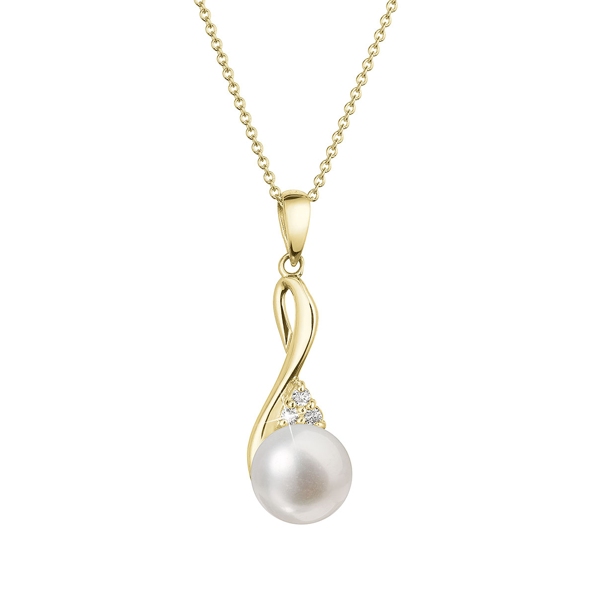 Evolution Group Zlatý 14 karátový náhrdelník s bílou říční perlou a brilianty 92PB00050