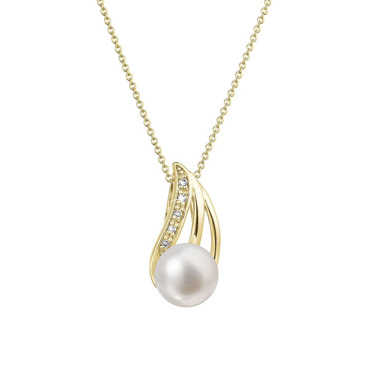 Evolution Group Zlatý 14 karátový náhrdelník s bílou říční perlou a brilianty 92PB00051