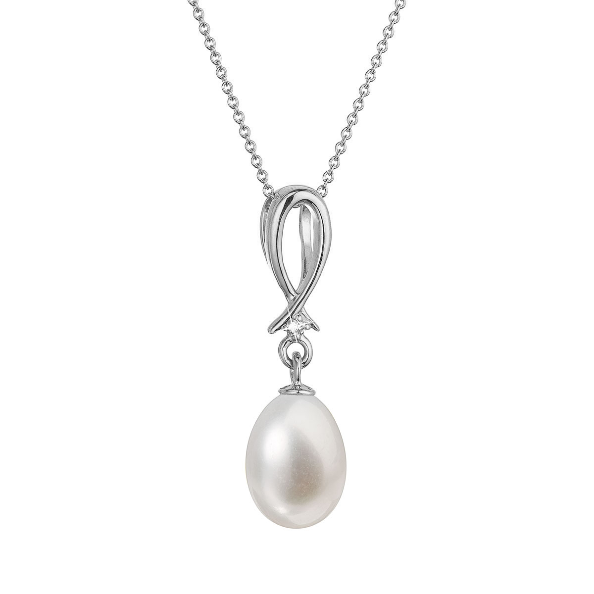 Evolution Group Zlatý 14 karátový náhrdelník bílé zlato s bílou říční perlou a briliantem 82PB00034