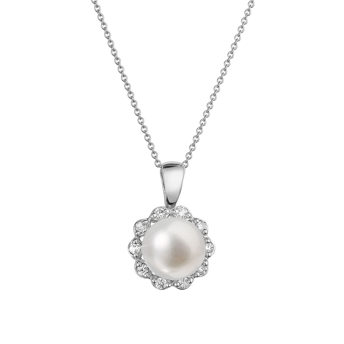 Evolution Group Zlatý 14 karátový náhrdelník kytička bílé zlato s bílou říční perlou a brilianty 82PB00036