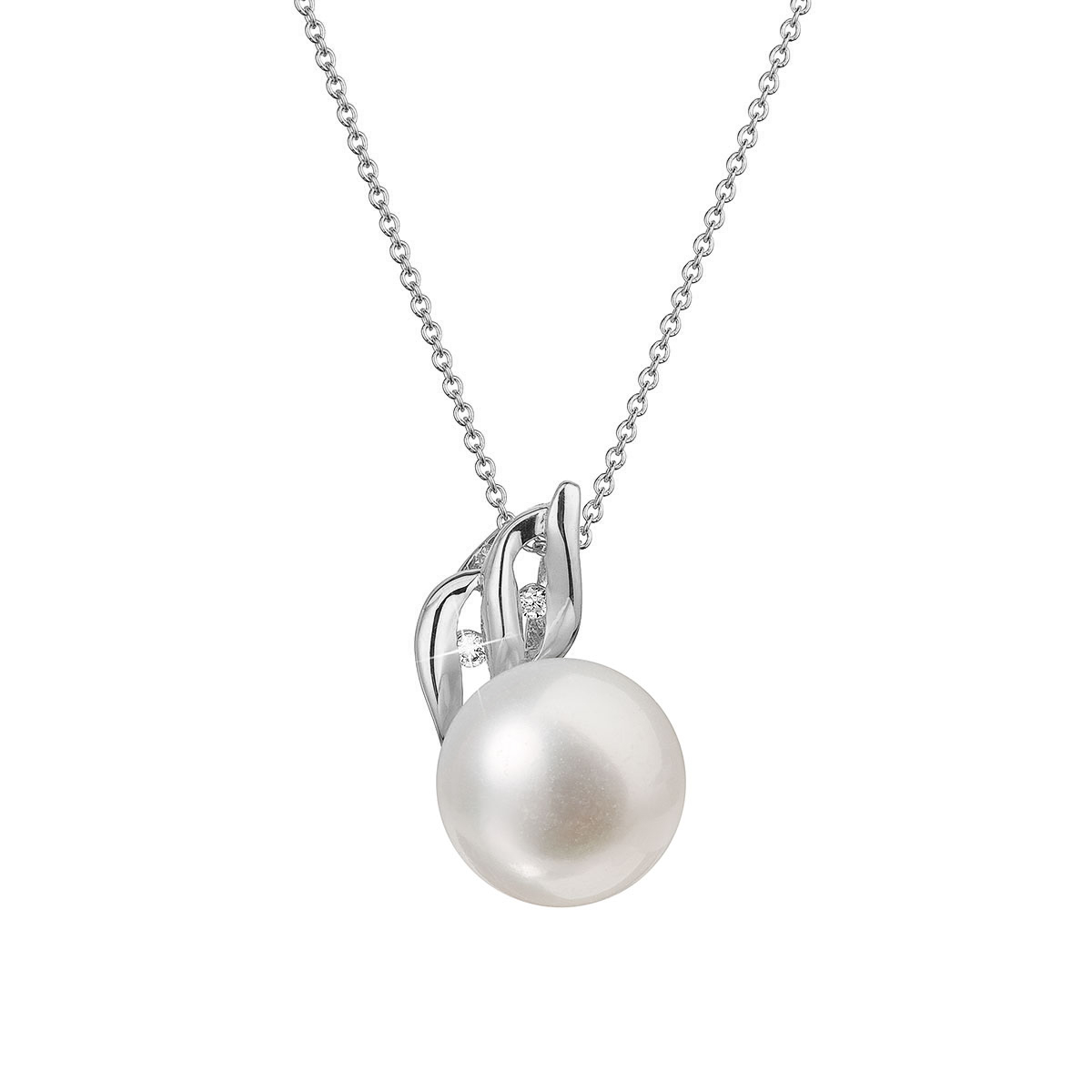Evolution Group Zlatý 14 karátový náhrdelník bílé zlato s bílou říční perlou a brilianty 82PB00038