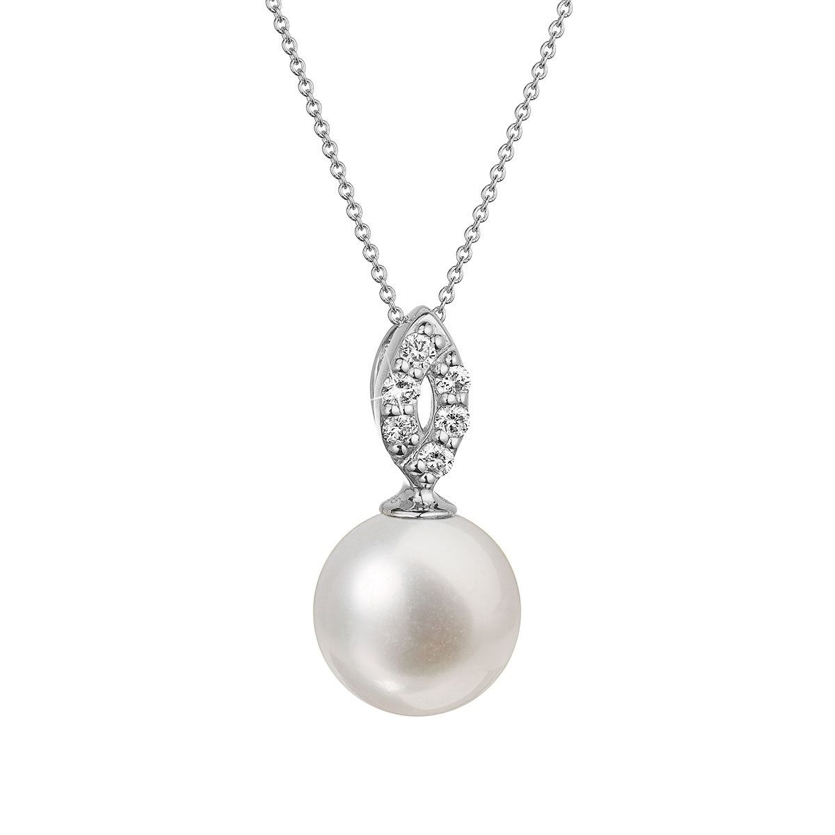 Evolution Group Zlatý 14 karátový náhrdelník bílé zlato s bílou říční perlou a brilianty 82PB00040
