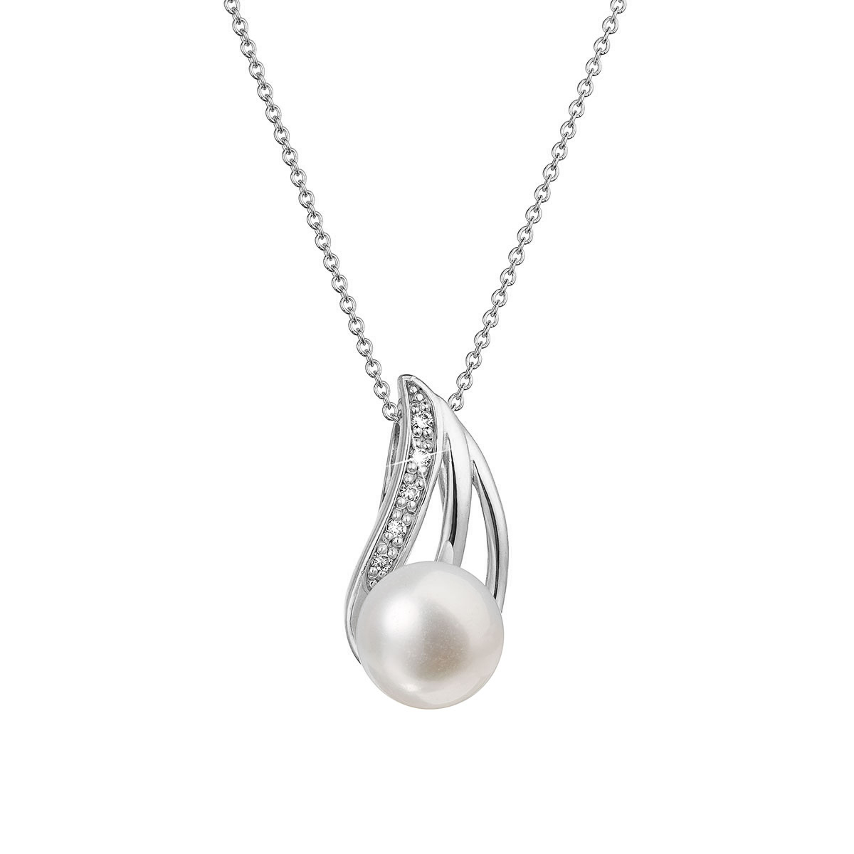Evolution Group Zlatý 14 karátový náhrdelník bílé zlato s bílou říční perlou a brilianty 82PB00051