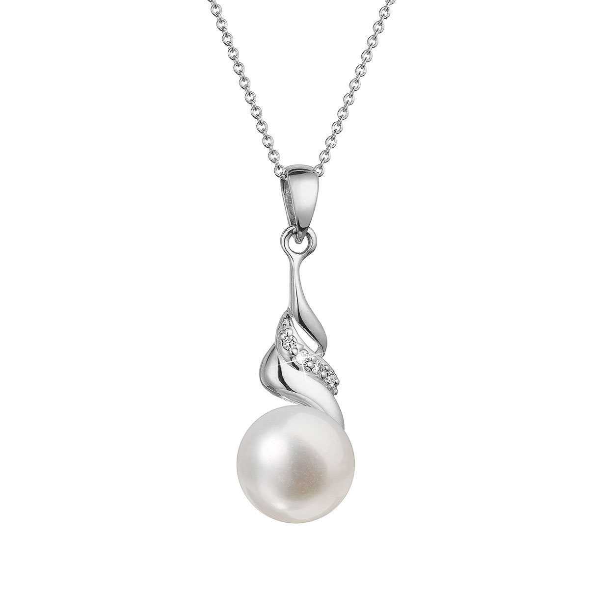 Evolution Group Zlatý 14 karátový náhrdelník bílé zlato s bílou říční perlou a brilianty 82PB00054
