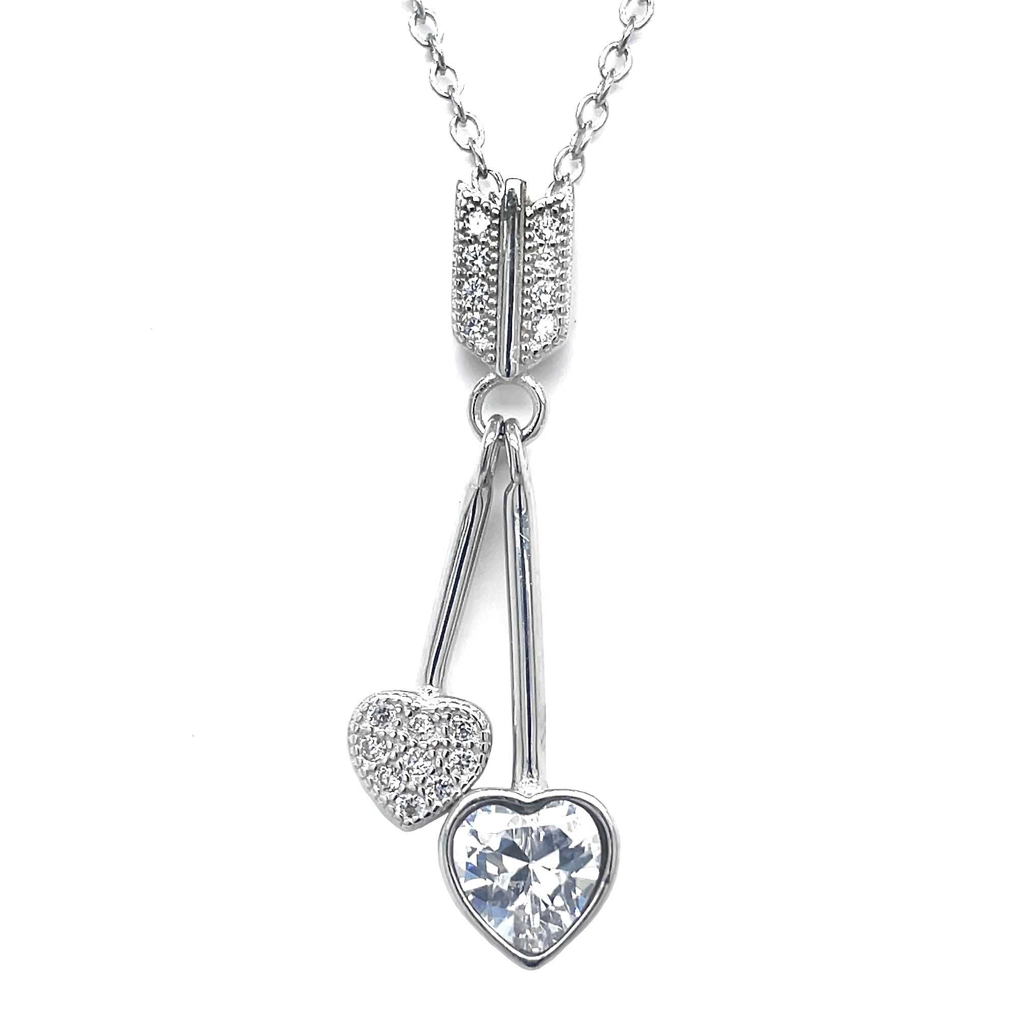 Levně Evolution Group Stříbrný náhrdelník se zirkony dvě srdce bílá 12037.1 crystal