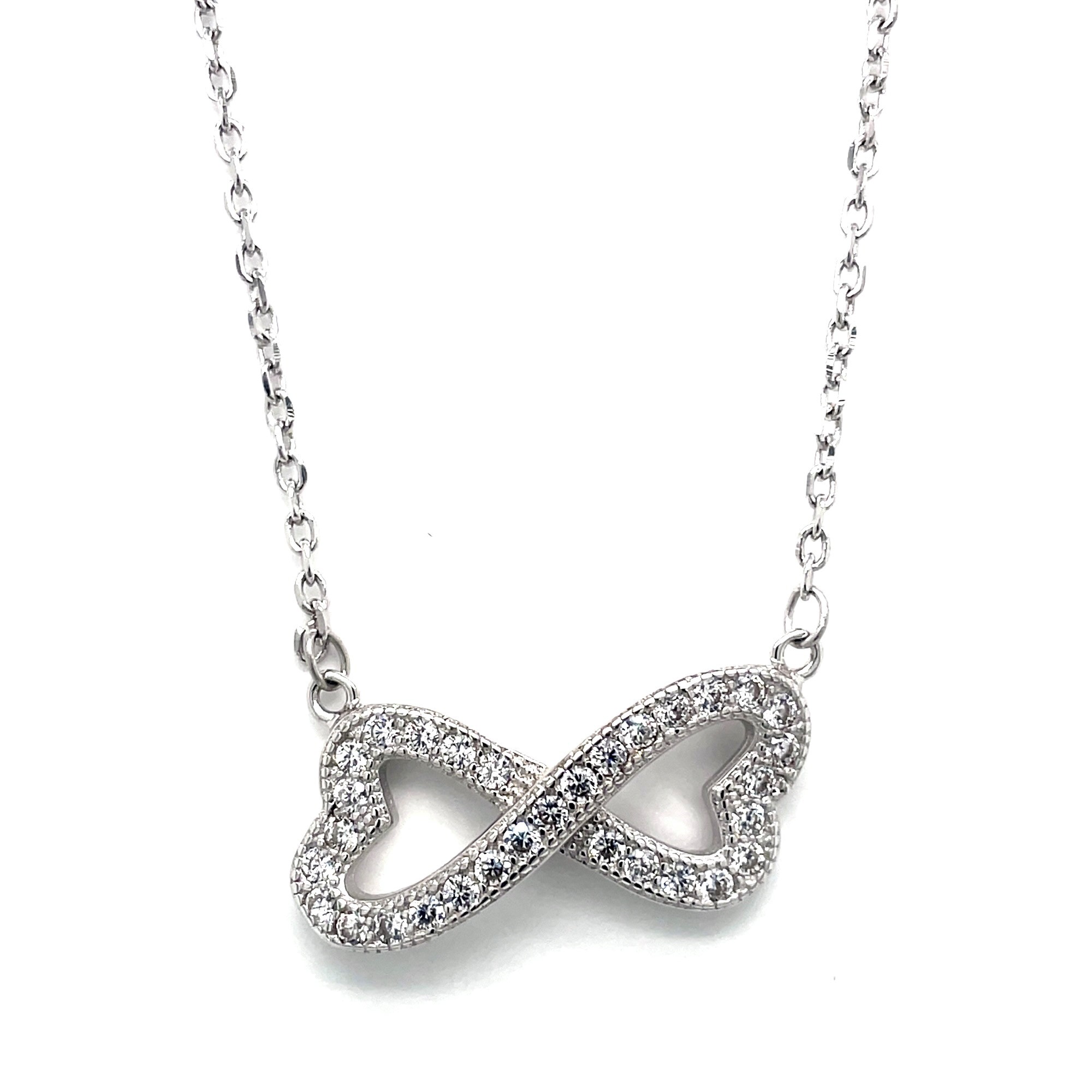Evolution Group Stříbrný náhrdelník se zirkony dvě srdce v nekonečno spojená bílá 12039.1 crystal