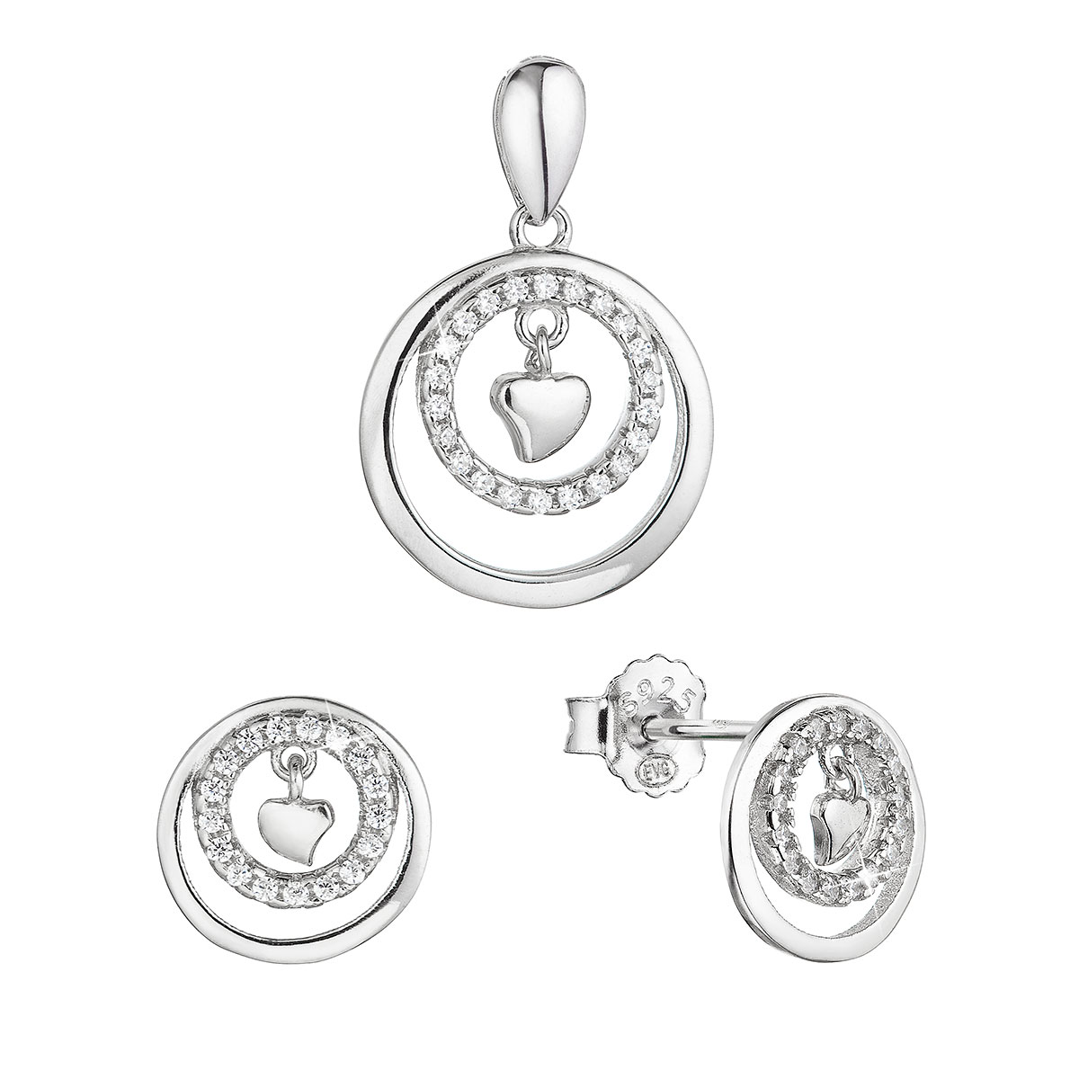 Evolution Group Stříbrná sada šperků kroužky se zirkony a malé srdíčko uprostřed 19034.1