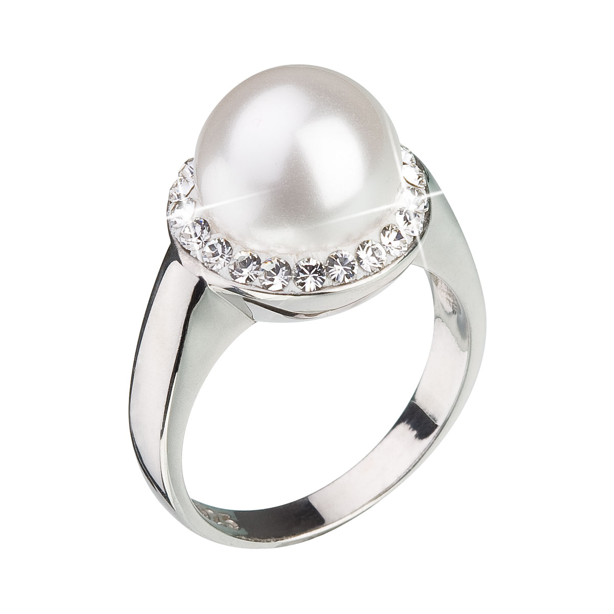 Evolution Group Stříbrný prsten s krystaly Swarovski a bílou perlou 35021.1