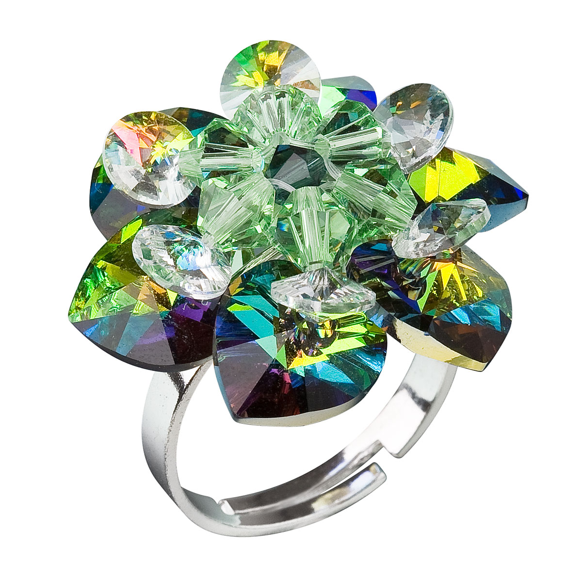 Evolution Group Stříbrný prsten s krystaly Swarovski zelená kytička 35012.5