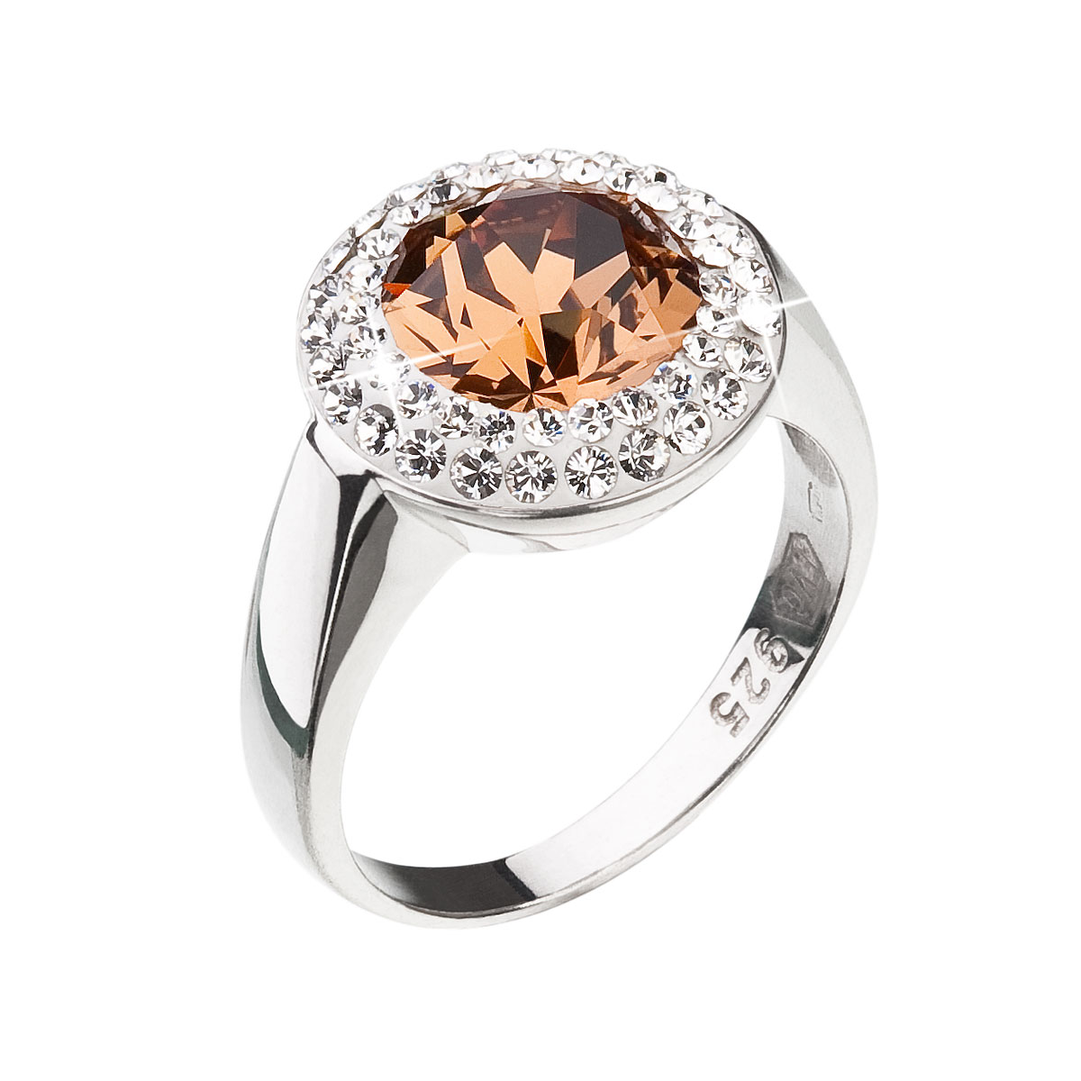 Evolution Group Stříbrný prsten s krystaly Swarovski hnědý kulatý 35026.3 lt. smoked topaz