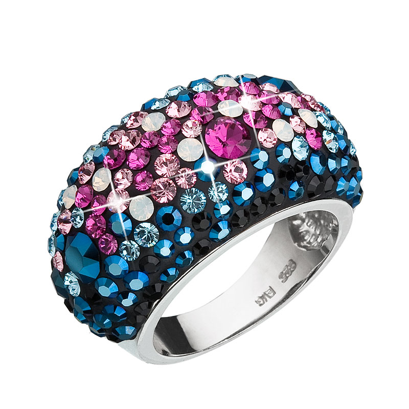 Evolution Group Stříbrný prsten s krystaly Swarovski mix barev modrá růžová 35028.4