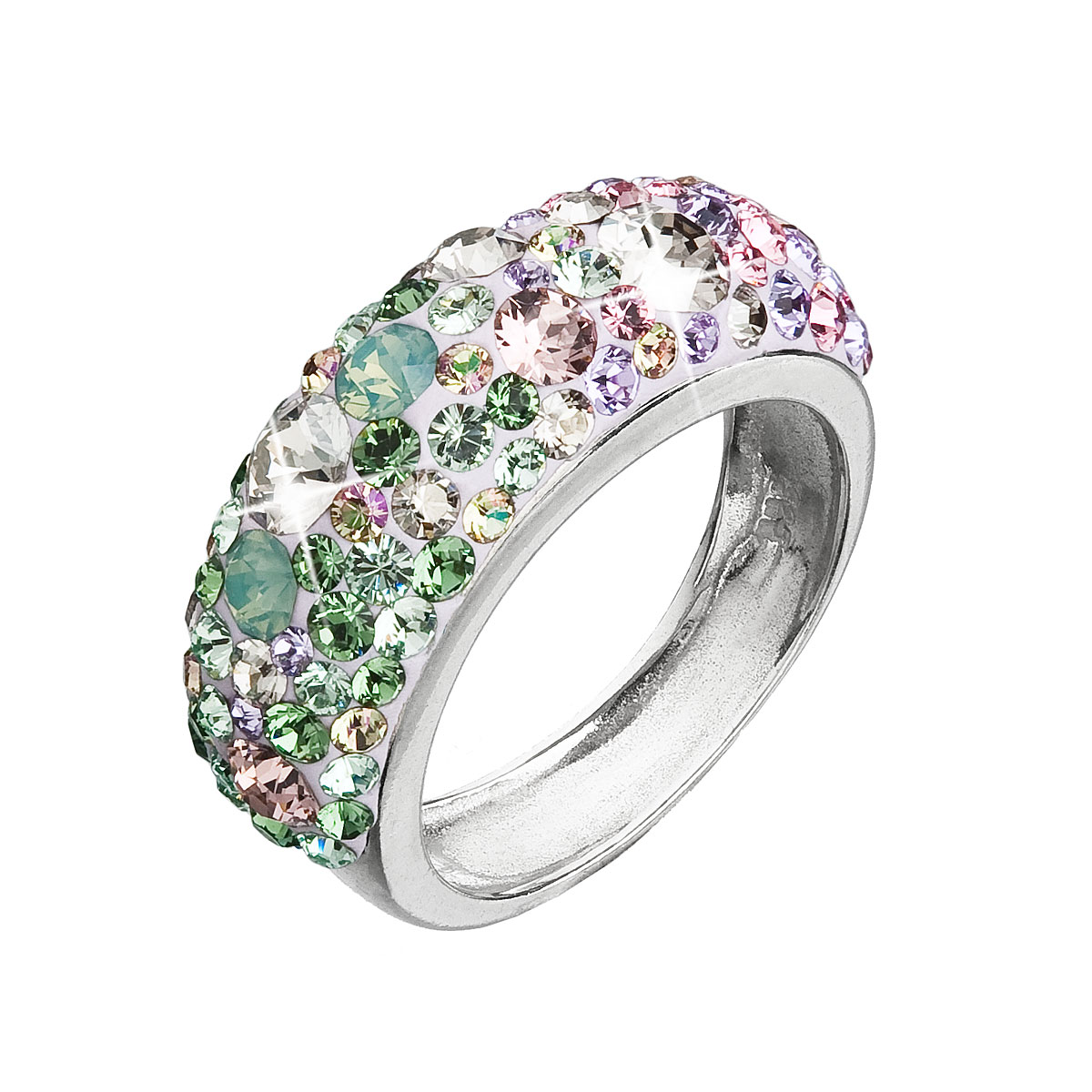 Evolution Group Stříbrný prsten s krystaly Swarovski mix barev fialová zelená růžová 35031.3 sakura