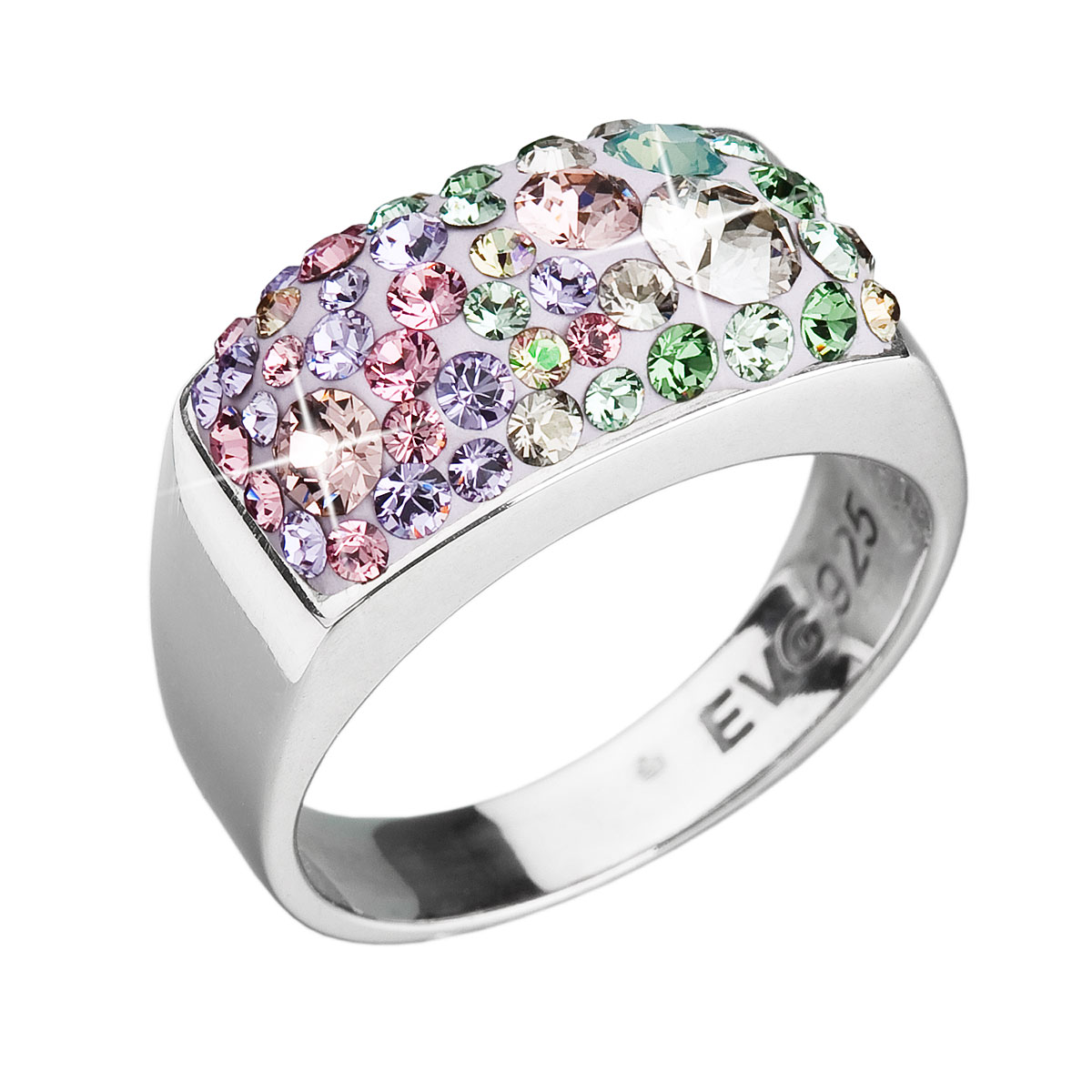 Evolution Group Stříbrný prsten s krystaly Swarovski mix barev fialová zelená růžová 35014.3 sakura