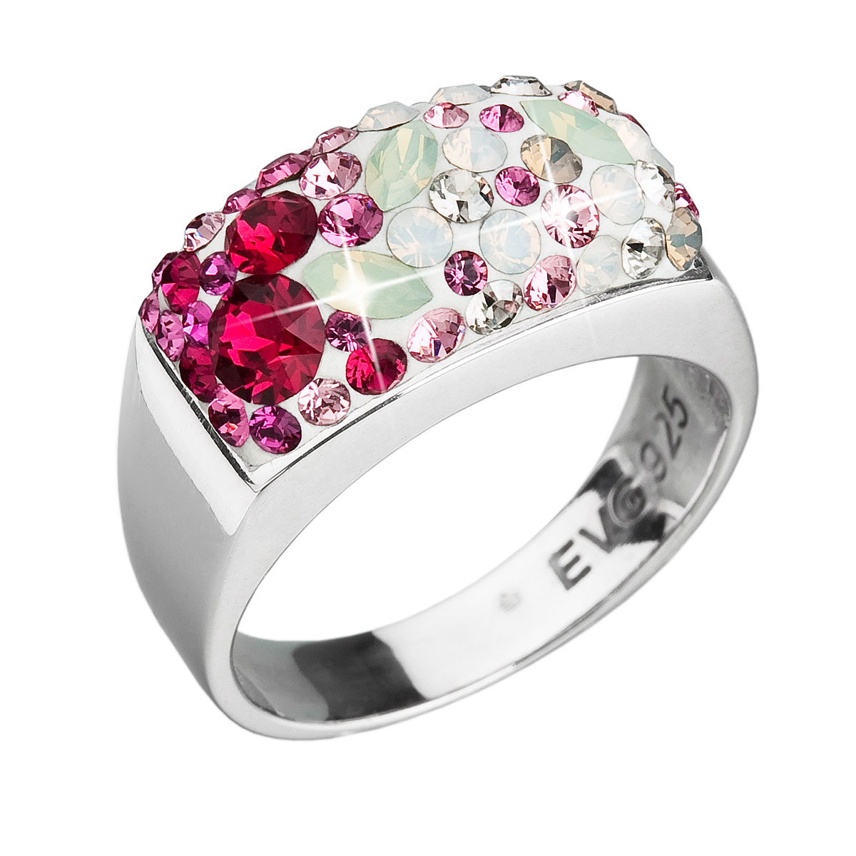 Evolution Group Stříbrný prsten s krystaly Swarovski mix barev červené 35014.3 sweet love