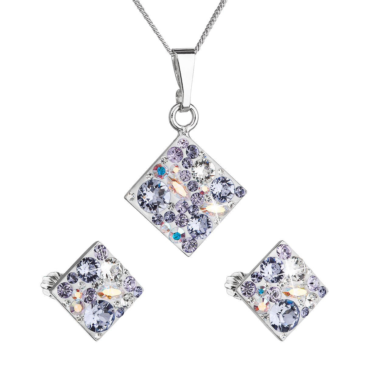 Evolution Group Sada šperků s krystaly Swarovski náušnice, řetízek a přívěsek fialový kosočtverec 39126.3 violet