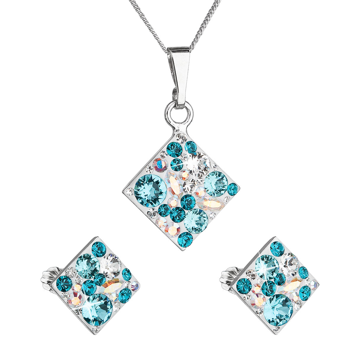 Evolution Group Sada šperků s krystaly Swarovski náušnice, řetízek a přívěsek modrý kosočtverec 39126.3 turquoise