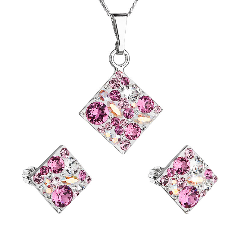 Evolution Group Sada šperků s krystaly Swarovski náušnice, řetízek a přívěsek růžový kosočtverec 39126.3