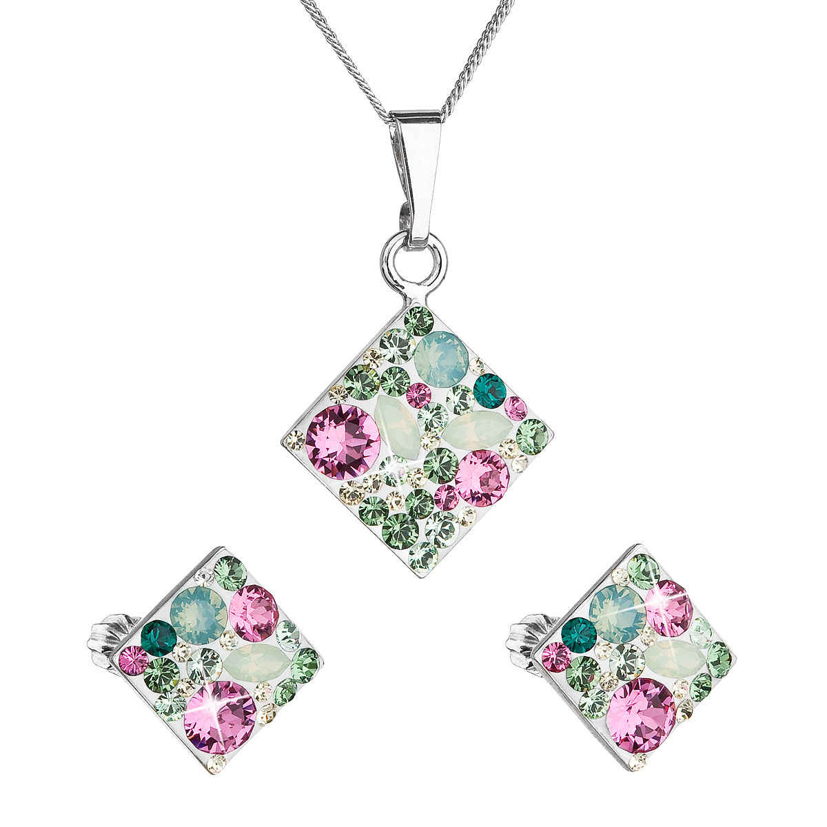 Evolution Group Sada šperků s krystaly Swarovski náušnice, řetízek a přívěsek zelený kosočtverec 39126.3 chrysolite