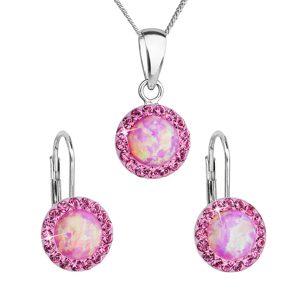 Evolution Group Sada šperků se syntetickým opálem a krystaly Swarovski náušnice a přívěšek růžové kulaté 39160.3