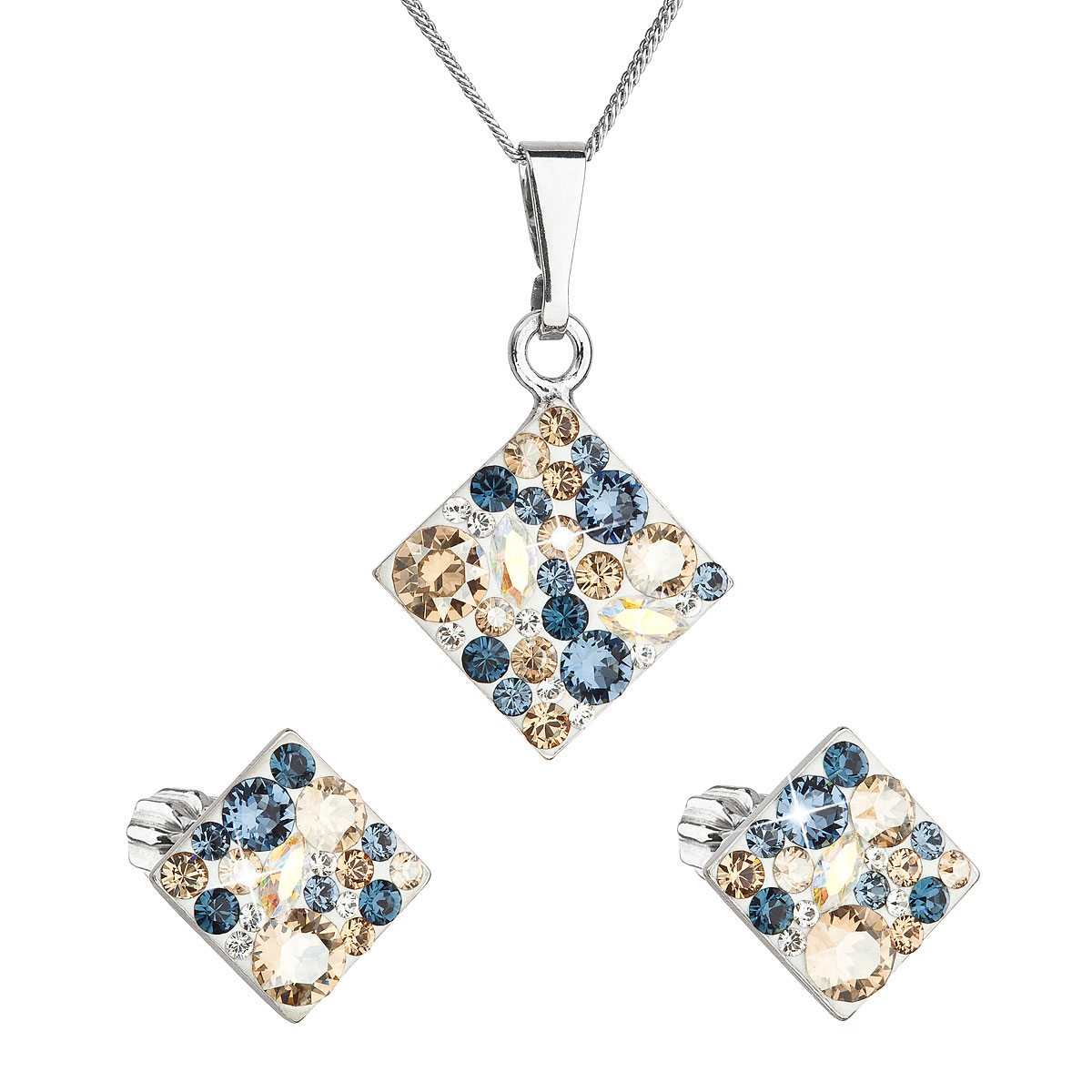 Evolution Group Sada šperků s krystaly Swarovski náušnice a přívěsek mix barev kosočtverec 39126.3 denim blue