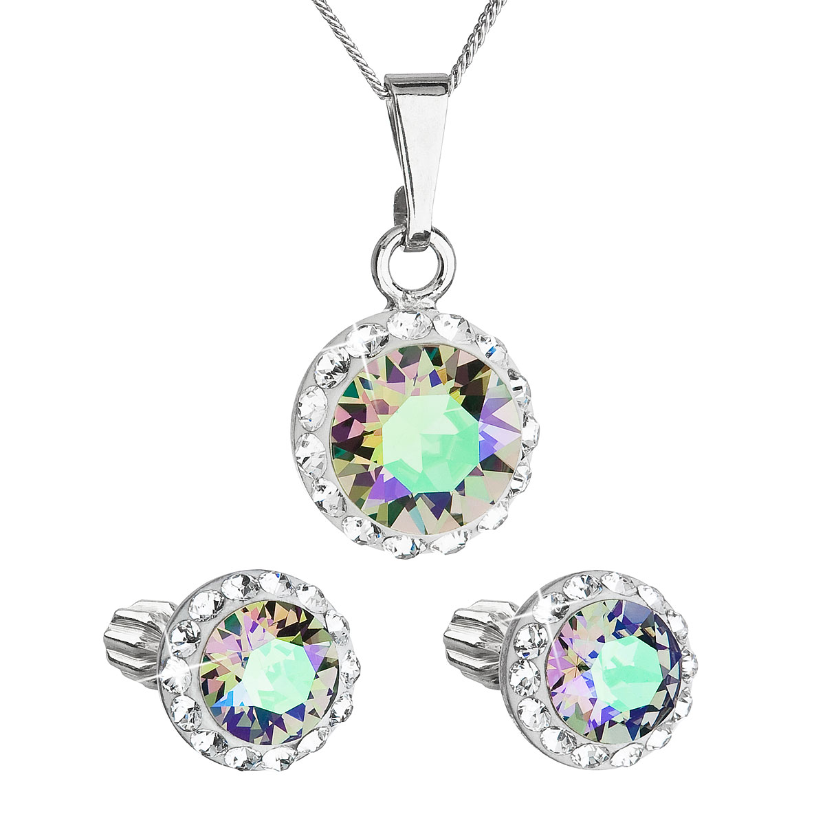 Evolution Group Sada šperků s krystaly Swarovski náušnice,řetízek a přívěsek zelené fialové kulaté 39352.5 paradise shine