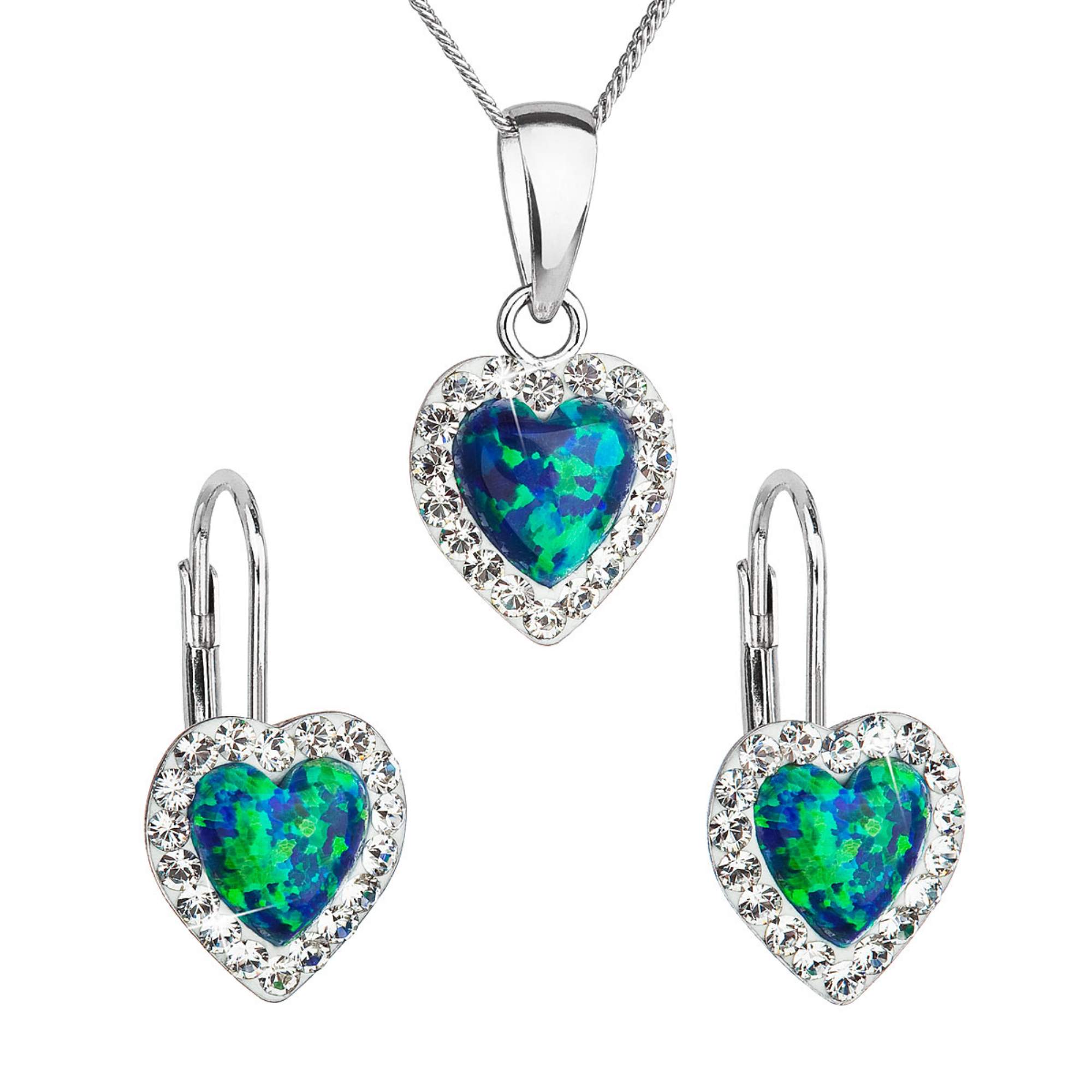 Evolution Group Sada šperků se syntetickým opálem a krystaly Preciosa náušnice a přívěšek zelené srdce 39161.1