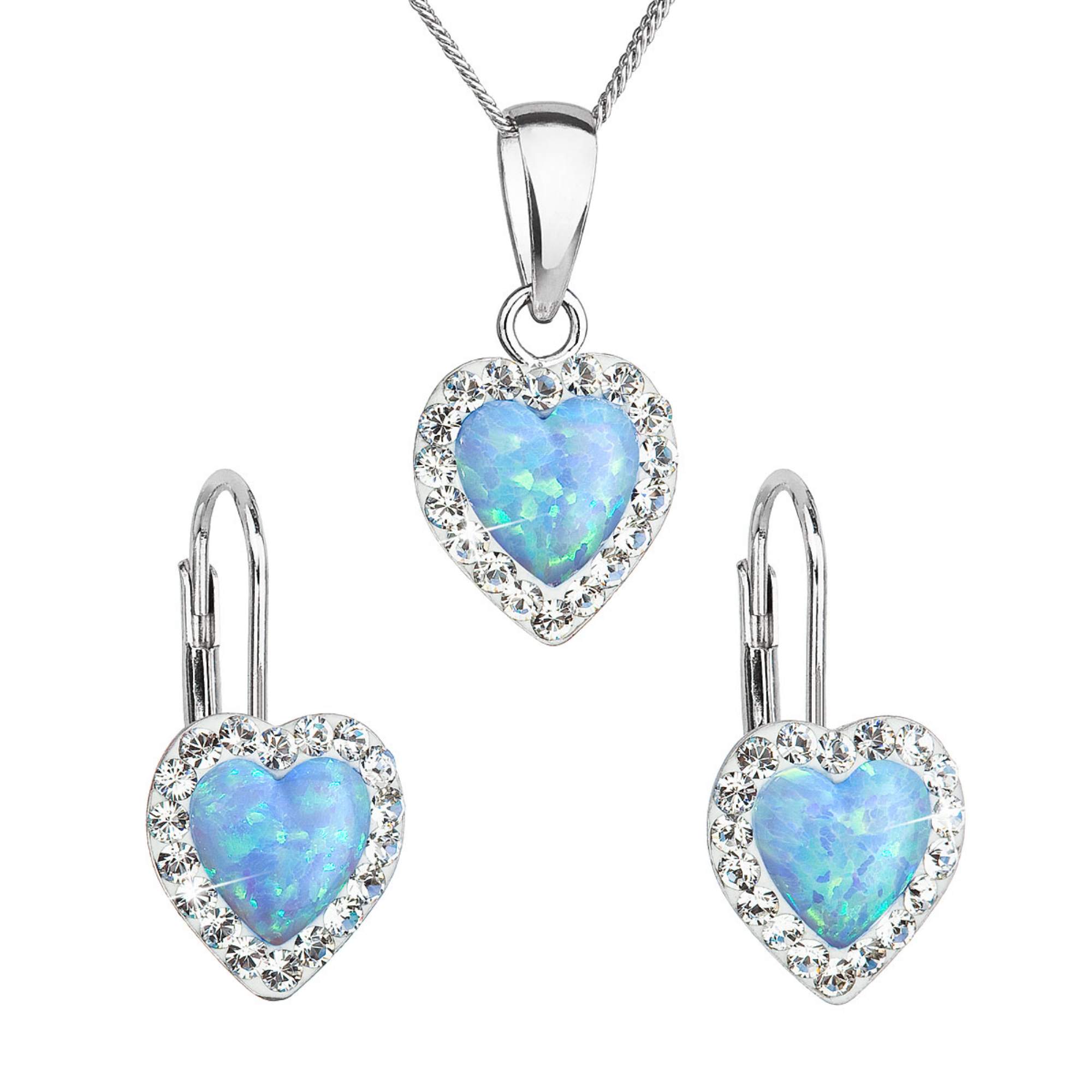 Evolution Group Sada šperků se syntetickým opálem a krystaly Preciosa náušnice a přívěšek světle modré srdce 39161.1