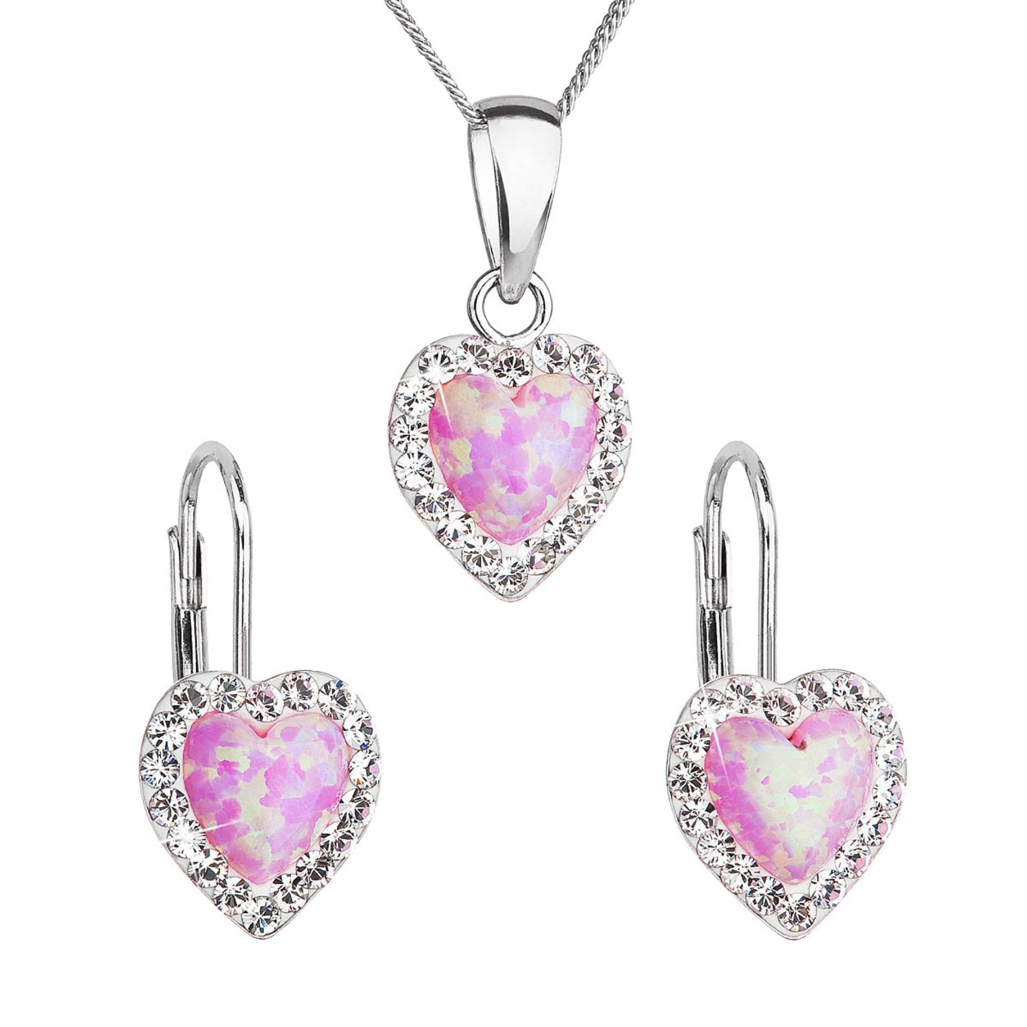 Evolution Group Sada šperků se syntetickým opálem a krystaly Preciosa náušnice a přívěšek světle růžové srdce 39161.1