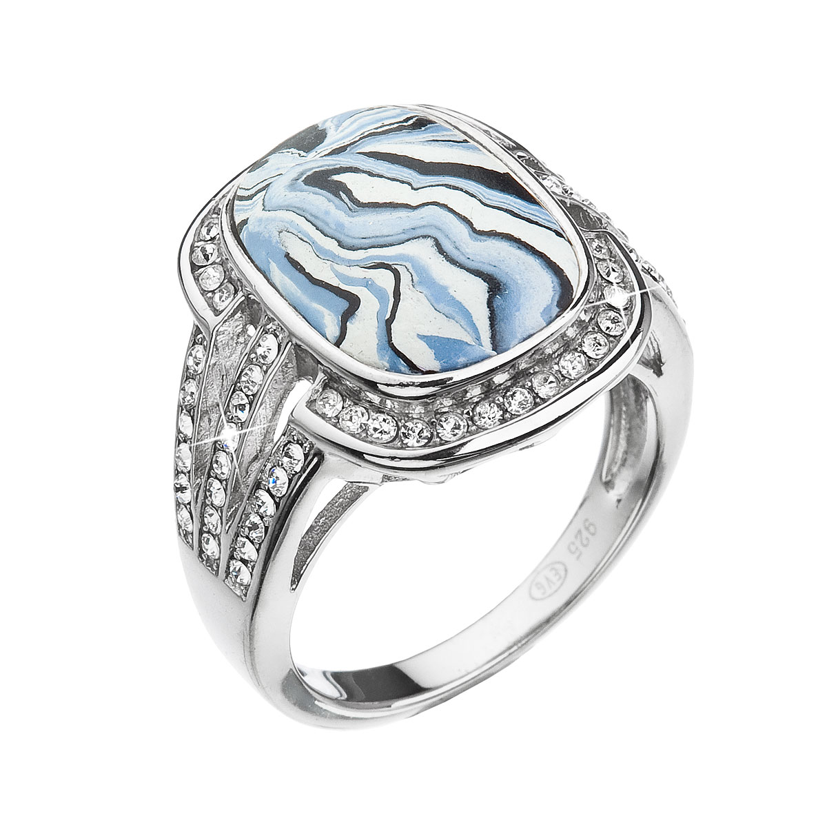 Evolution Group Stříbrný prsten obdélník modrobílý mramor se Swarovski krystaly 75015.1