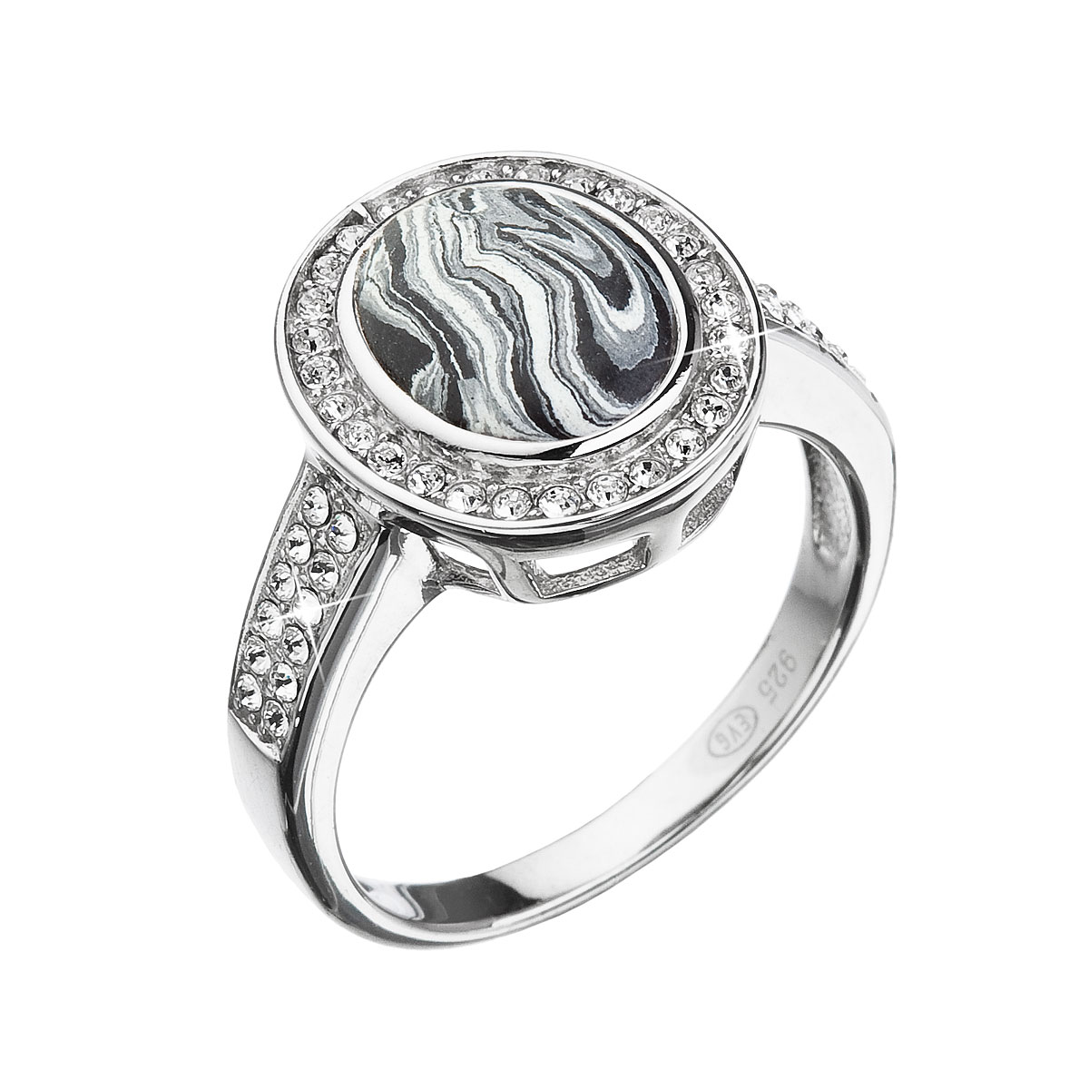 Evolution Group Stříbrný prsten ovál černobílý mramor se Swarovski krystaly 75018.1