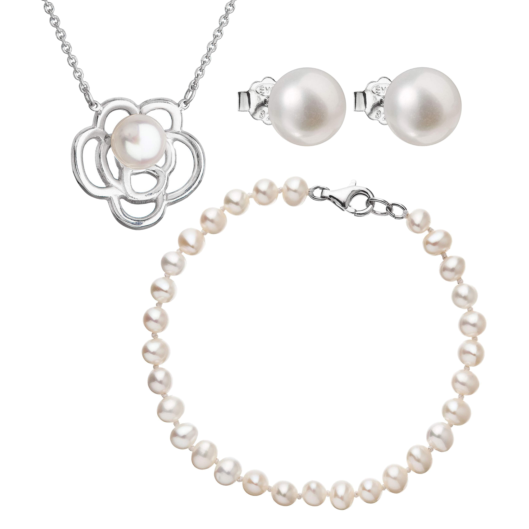 Evolution Group Sada stříbrných šperků s bílou říční perlou a náhrdelník kytička AG SADA 4