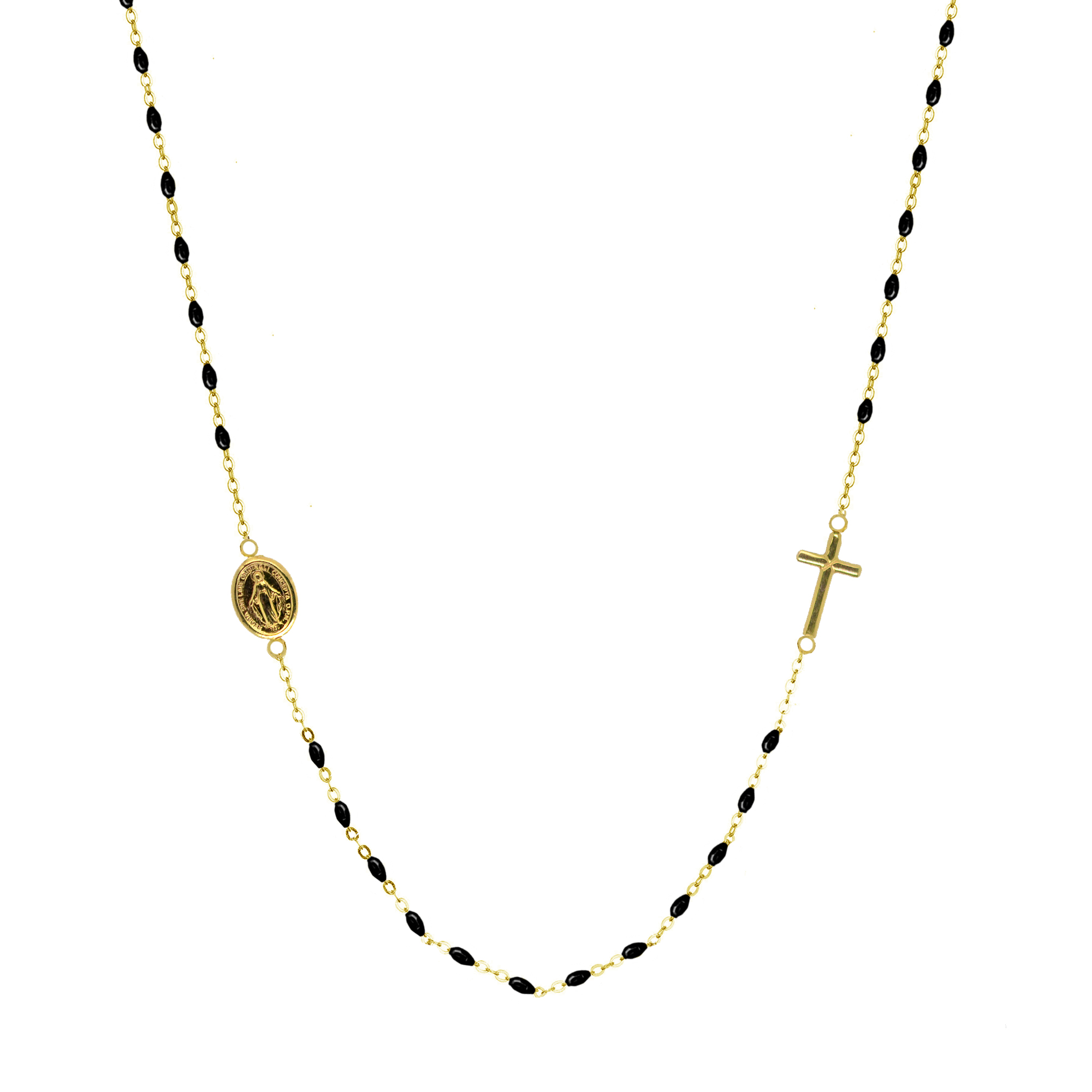 Evolution Group Zlatý 14 karátový náhrdelník růženec s křížem a medailonkem s Pannou Marií RŽ02 černý