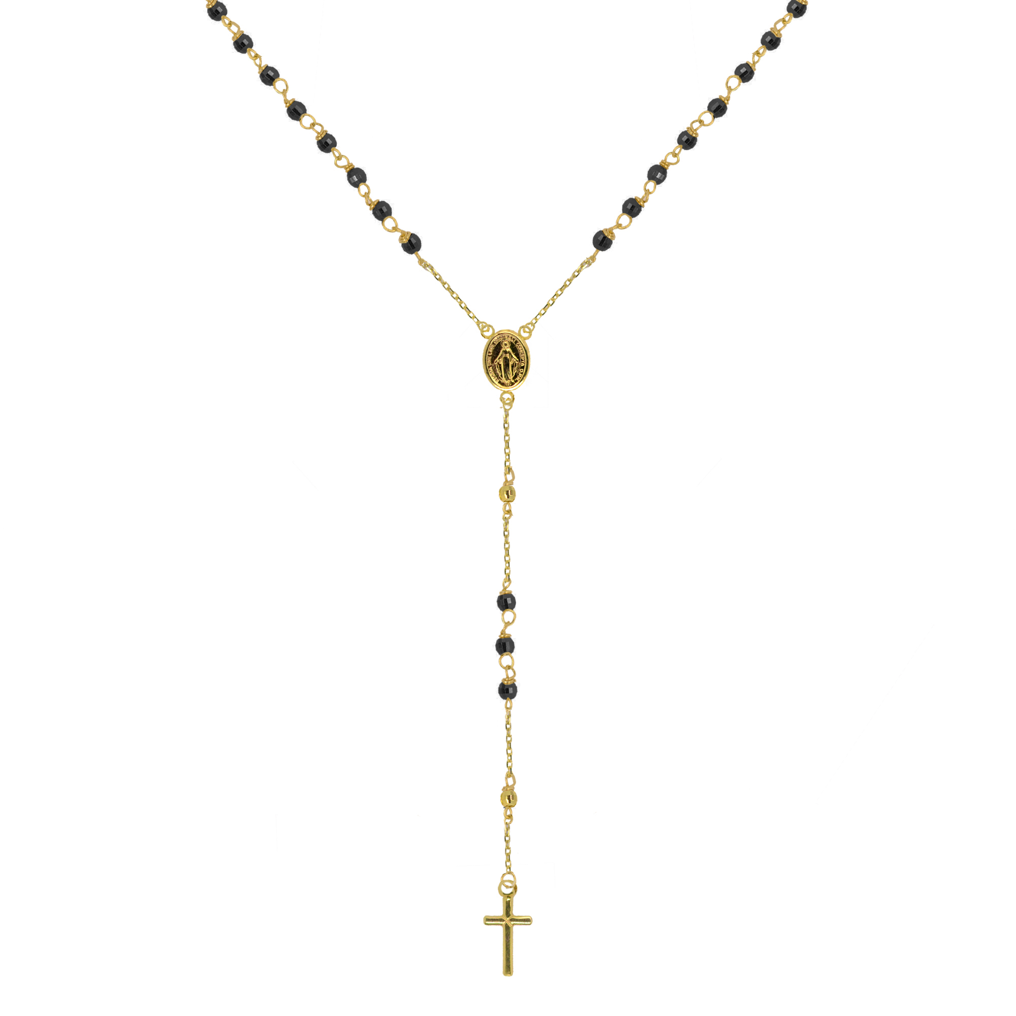 Evolution Group Zlatý 14 karátový náhrdelník růženec s křížem a medailonkem s Pannou Marií RŽ03 černý