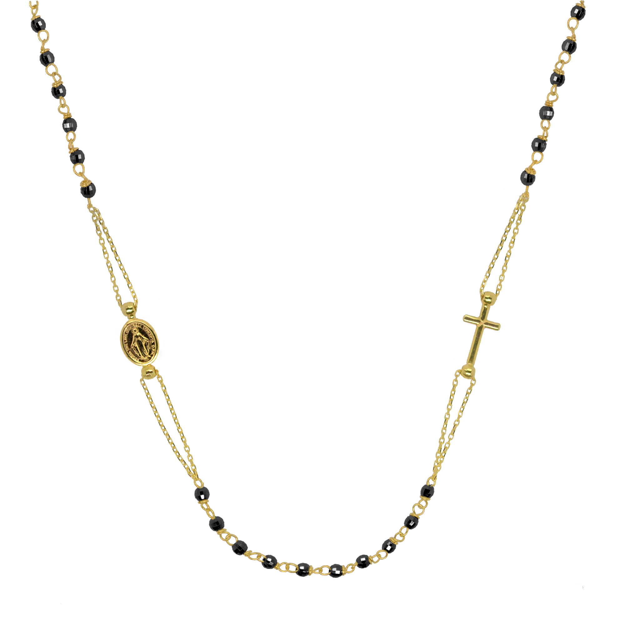 Evolution Group Zlatý 14 karátový náhrdelník růženec s křížem a medailonkem s Pannou Marií RŽ04 černý