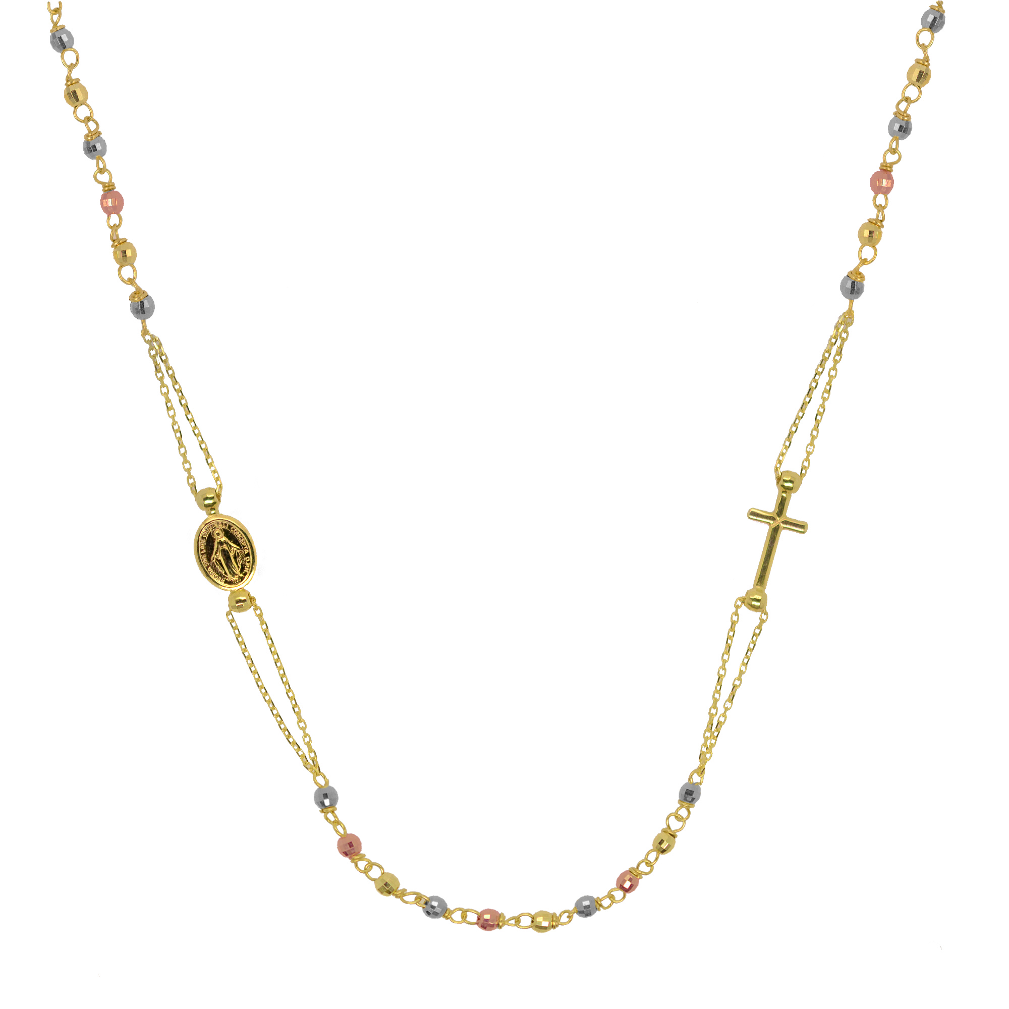 Evolution Group Zlatý 14 karátový náhrdelník růženec s křížem a medailonkem s Pannou Marií RŽ06 multi